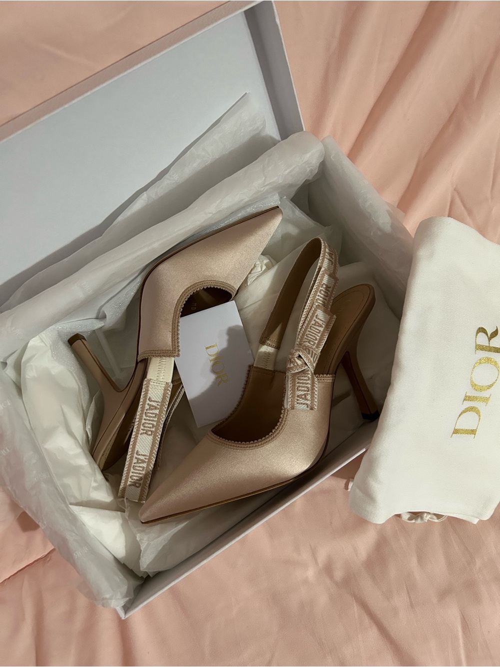 Dior Champagne Satin Pointed Slingback Pumps